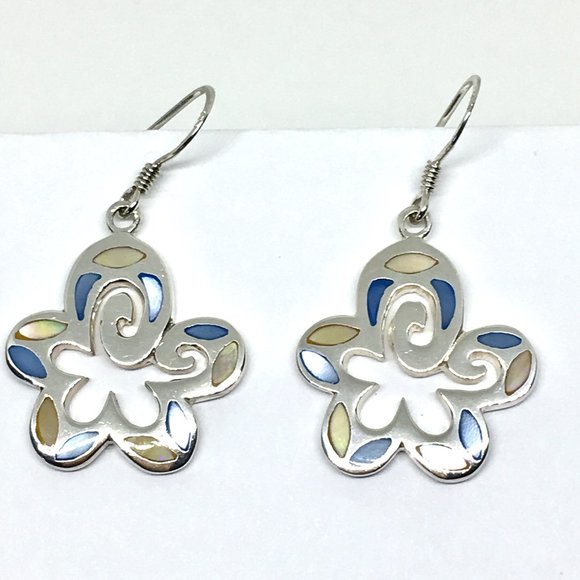 70's Fashion Flower Earrings Sterling Silver MoP - Picture 5 of 6